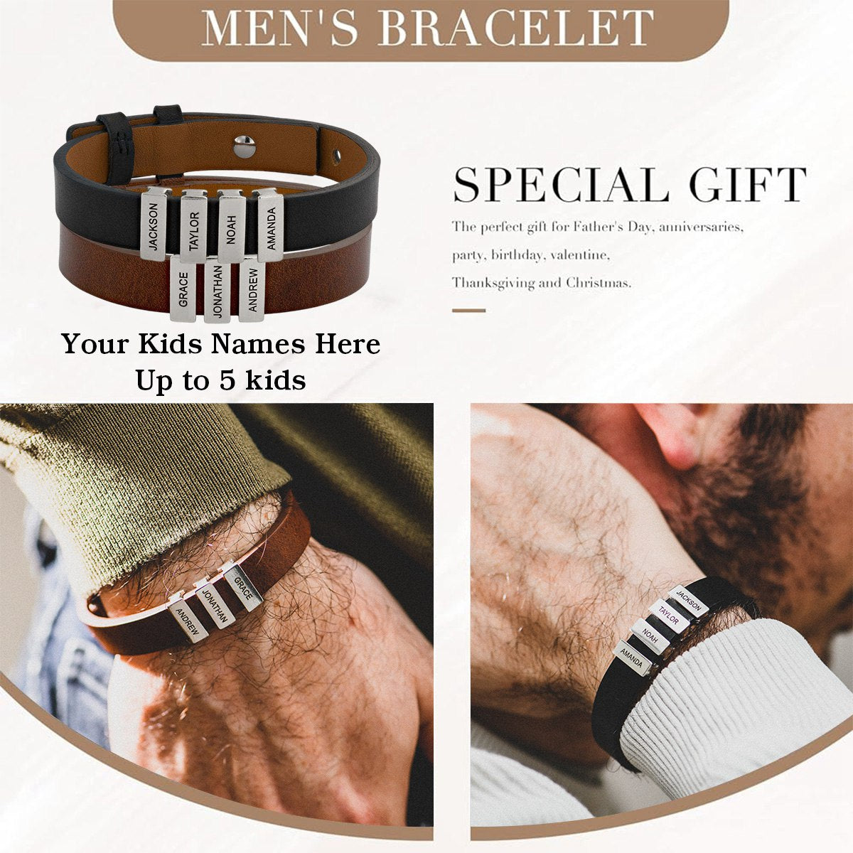 Personalized Men's Leather Bracelet With Custom Silver Beads