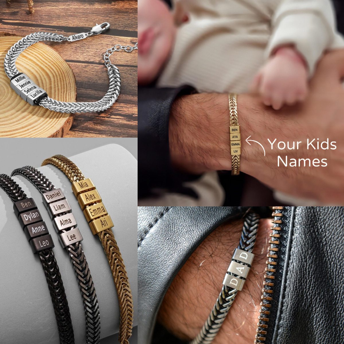 Personalized 1-8 Kids Names Family Stainless Steel Bracelet - Gift For Dad/Grandpa