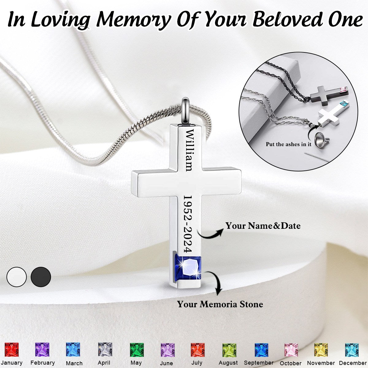 Personalized Memorial Birthstone Cross Urn Necklace