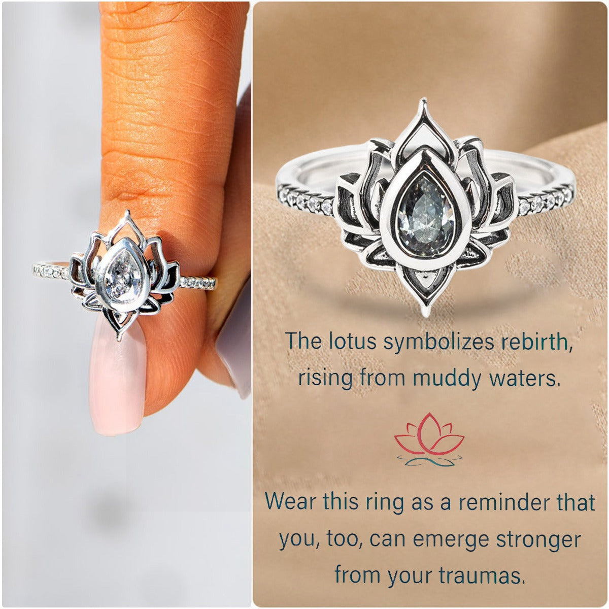 Pear Blue Cubic Zirconia Stone Lotus Flower Water Lily Ring