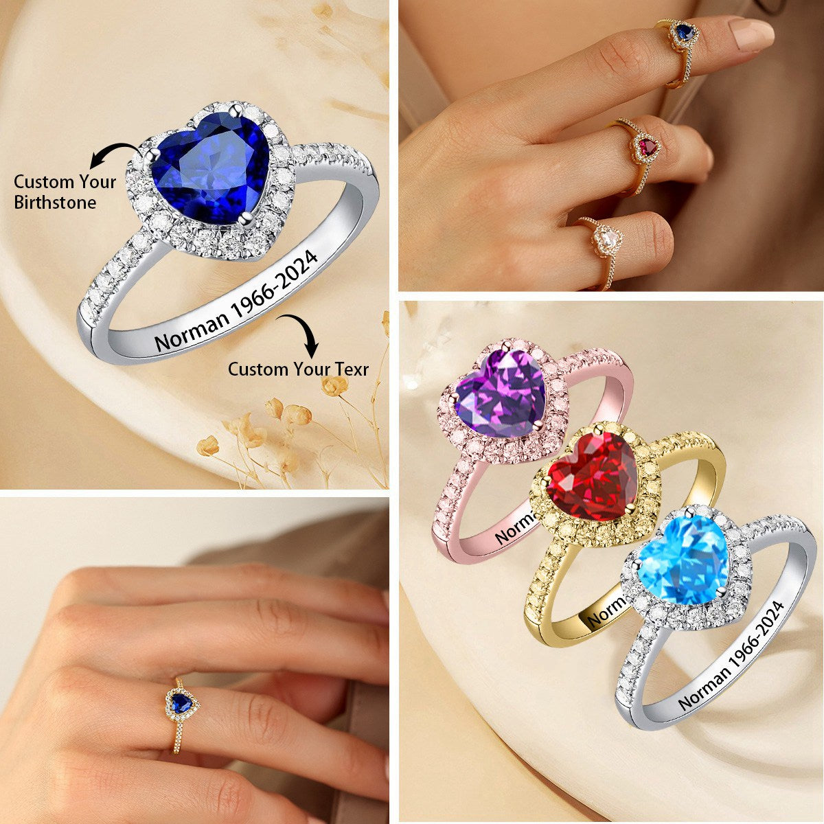 Personalized Dainty Birthstone Heart Memorial Ring - Gift For Christmas