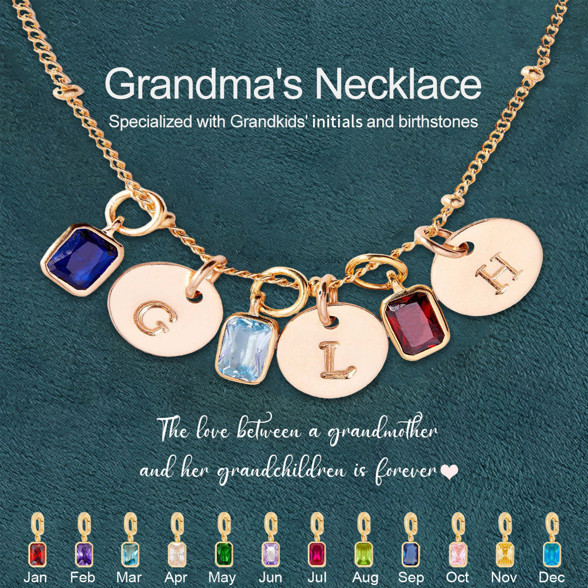 Personalized Rectangle Birthstone Initial Necklace For Mom Grandma