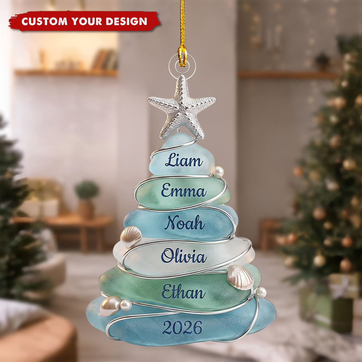Custom Sea Glass Tree Ornament, Beach Family Christmas Decor, Coastal Keepsake
