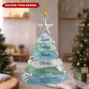 Custom Sea Glass Tree Ornament, Beach Family Christmas Decor, Coastal Keepsake