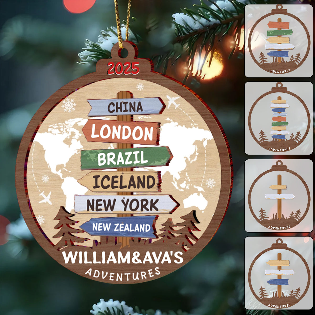 Travel Adventure Personalized Wood Ornament, Couple Gift