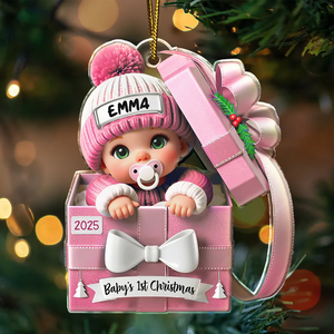 Baby First Christmas, Baby Reveals, Gift Box - Personalized Shaped Acrylic Ornament