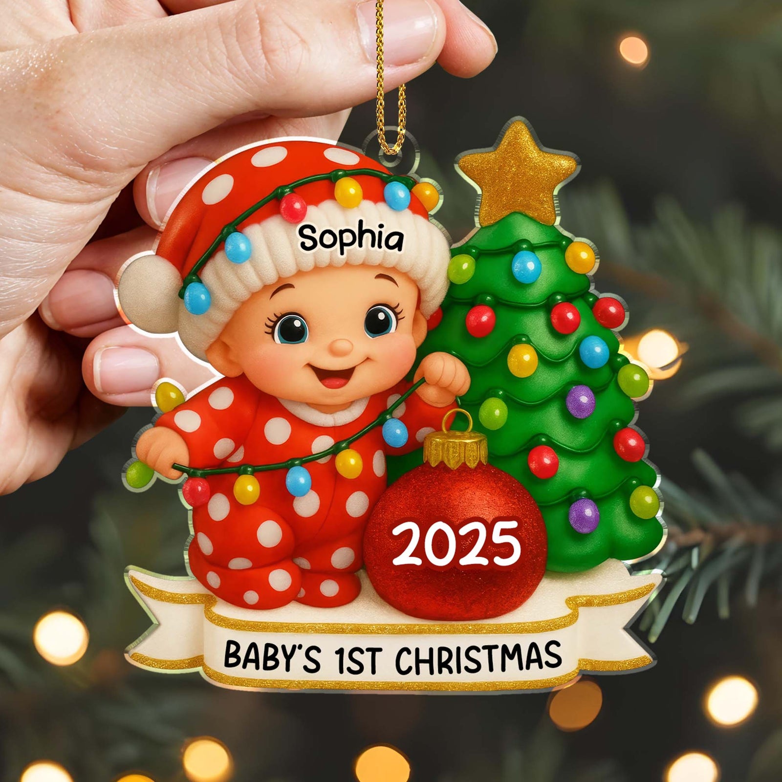 Baby's 1st Christmas With Colorful Tree And Ornaments, Personalized Acrylic Ornament