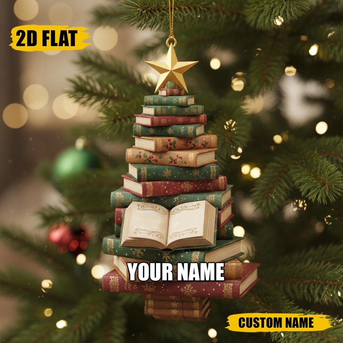 Personalized Book Lover Gift – Custom Acrylic Book Tree Christmas Ornament
